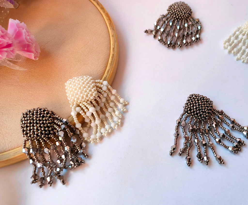 Steampunk Tassel Buttons: White & Gunmetal Grey Beaded Embellishments (Pack of 5)