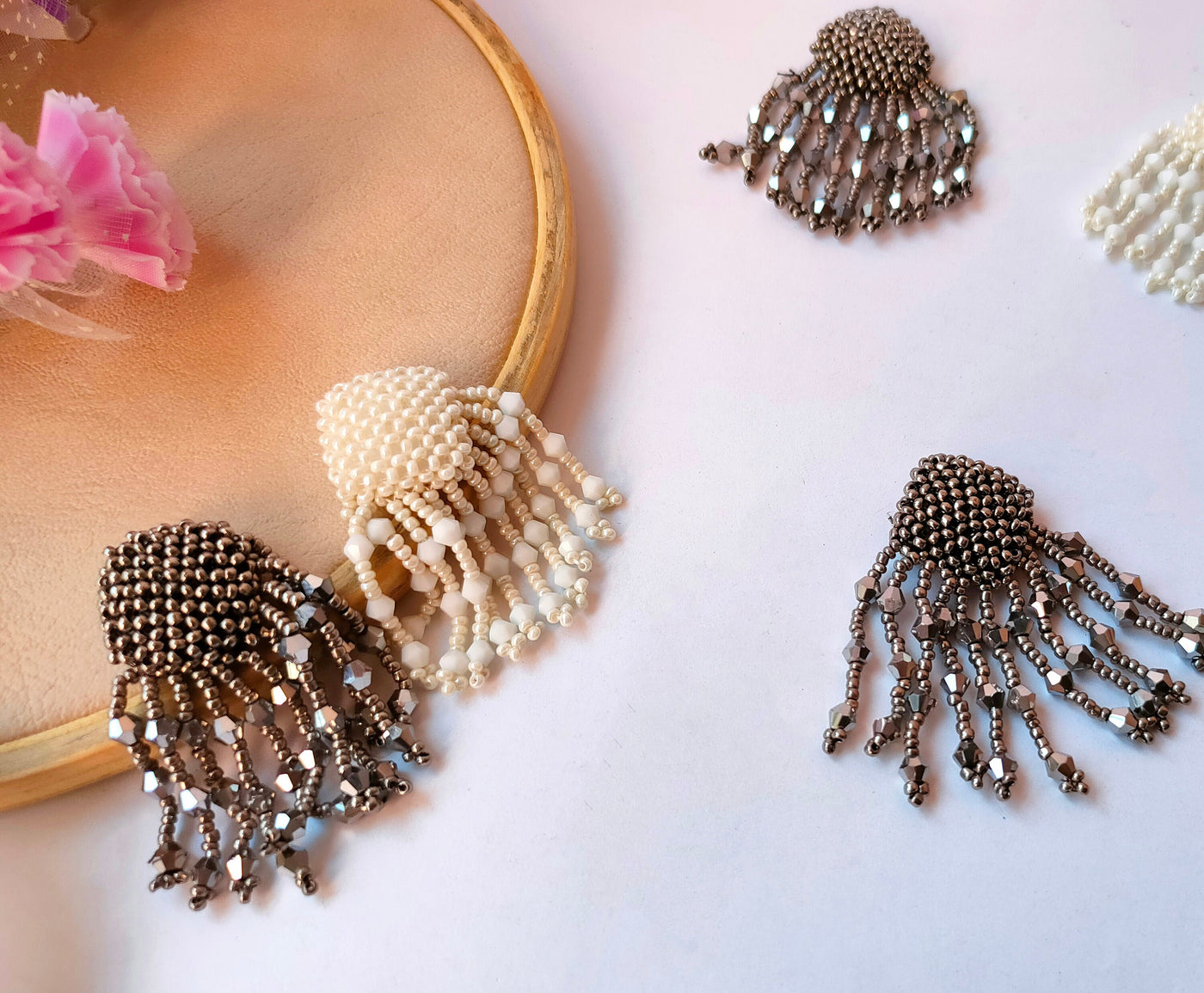 Steampunk Tassel Buttons: White & Gunmetal Grey Beaded Embellishments (Pack of 5)