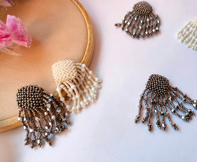 Steampunk Tassel Buttons: White & Gunmetal Grey Beaded Embellishments (Pack of 5)