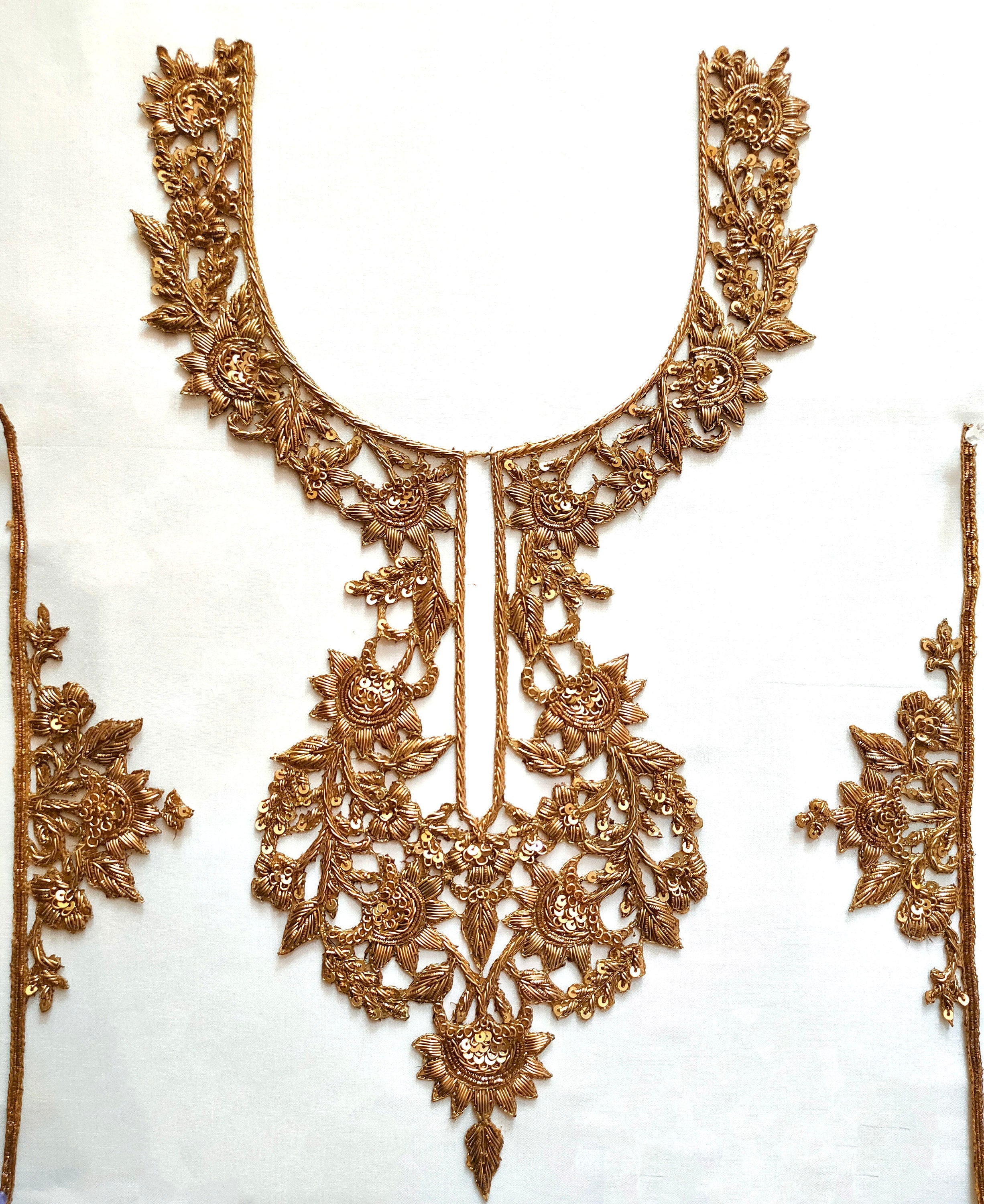 Embroidered Golden Neckline Patch with Sleeves: Indian Zardozi Applique