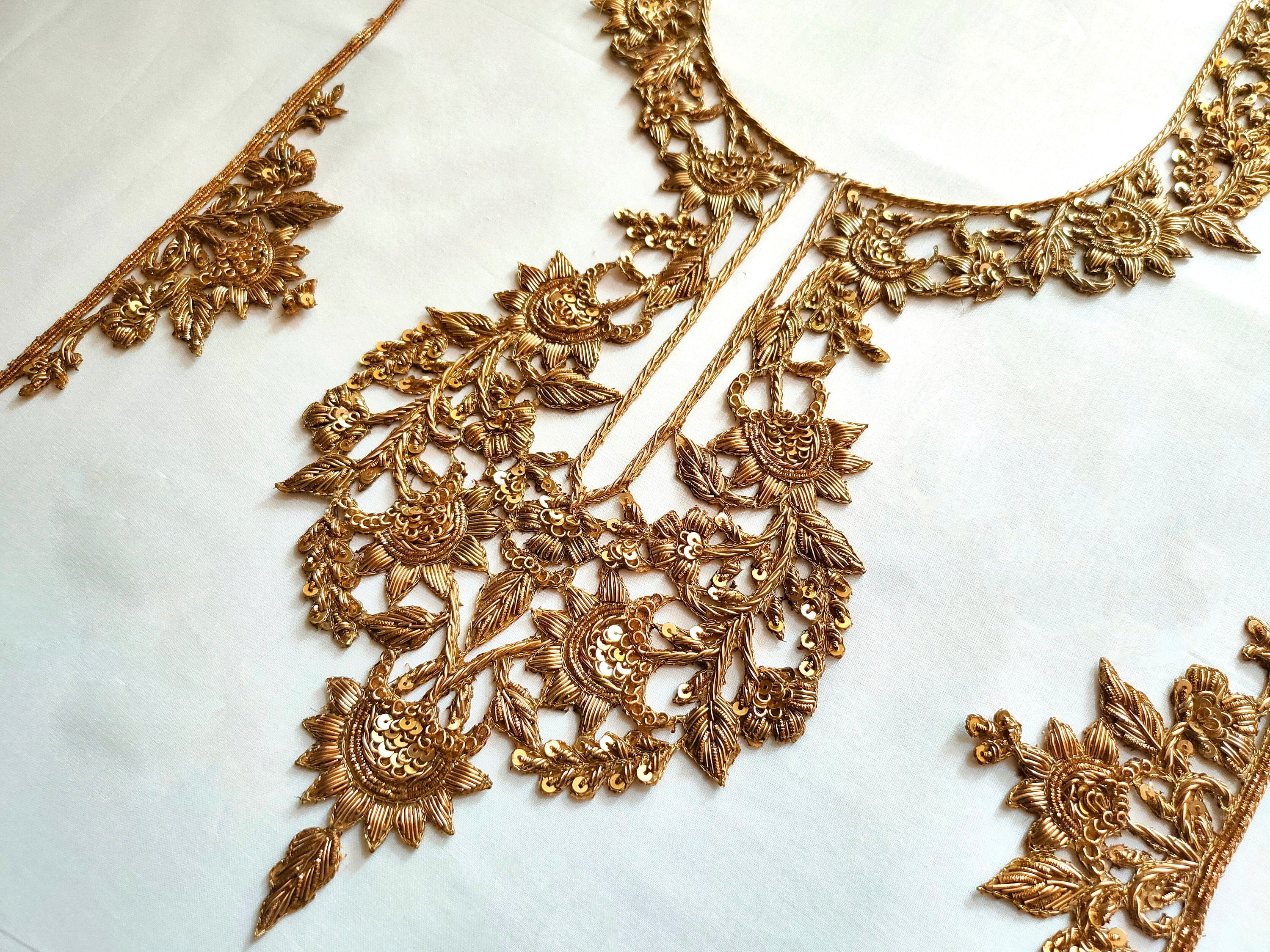 Embroidered Golden Neckline Patch with Sleeves: Indian Zardozi Applique