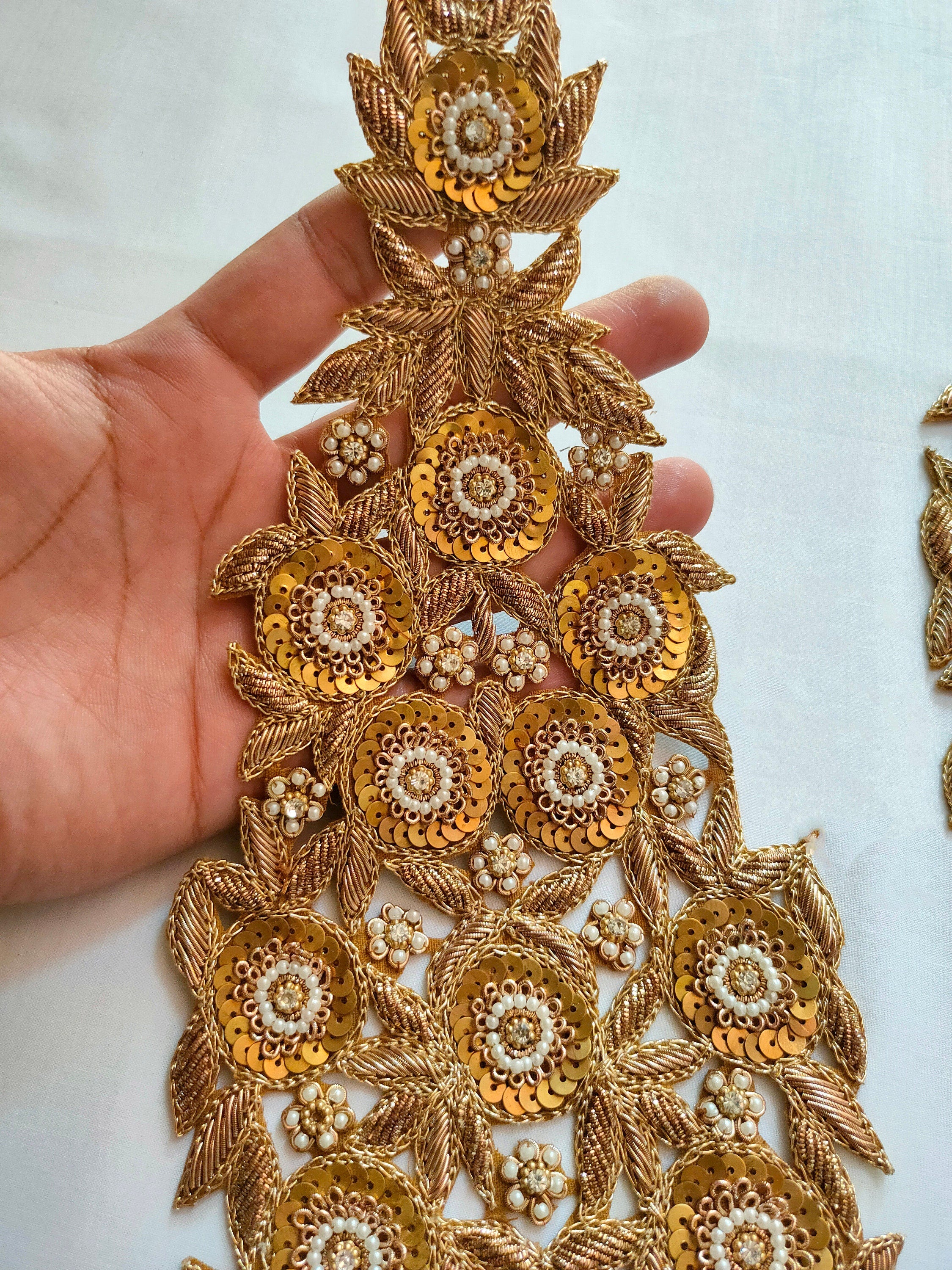 Golden Zardozi Applique Patches: Indian Embroidered Sew-On Embellishments (13x30 cm)