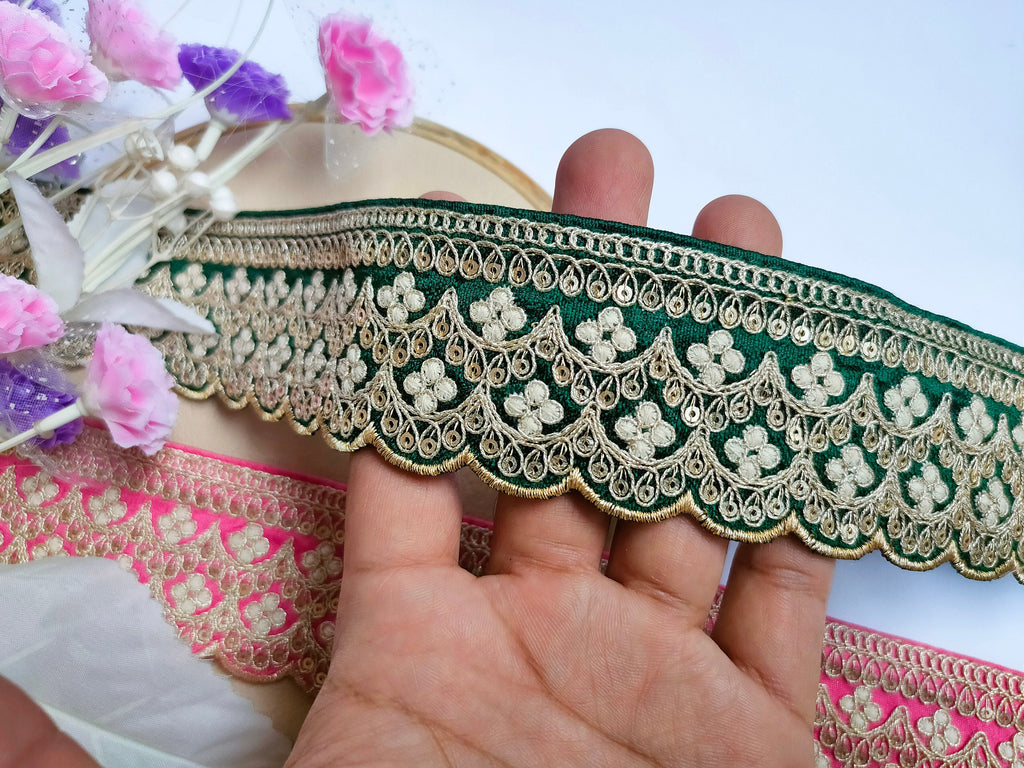 Embroidered Scalloped Lace Trim: Emerald Green & Neon Pink, Indian Sari Border (3 Yards)