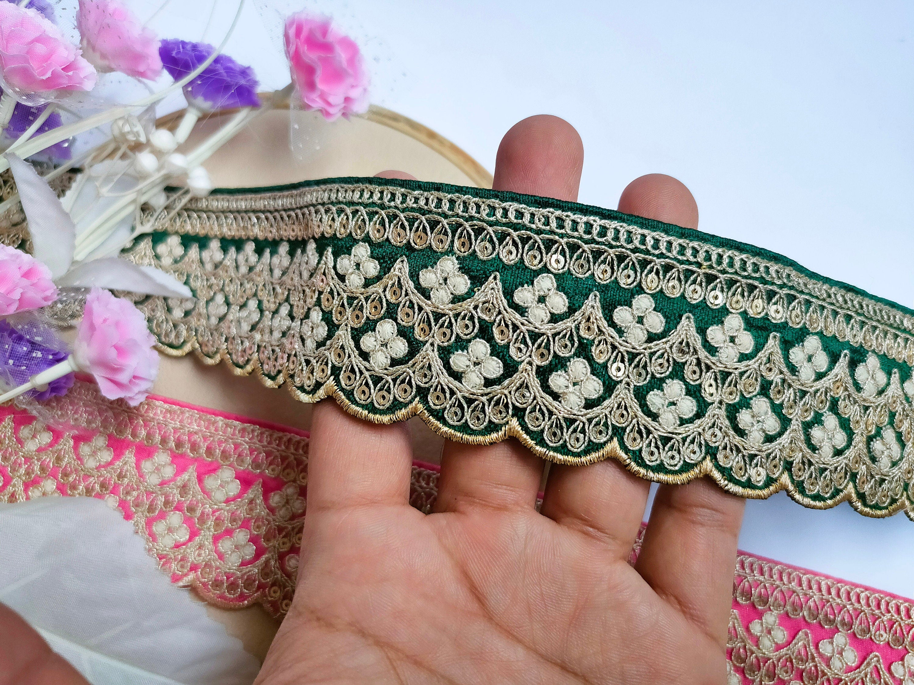 Embroidered Scalloped Lace Trim: Emerald Green & Neon Pink, Indian Sari Border (3 Yards)