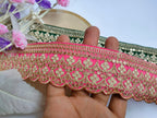 Embroidered Scalloped Lace Trim: Emerald Green & Neon Pink, Indian Sari Border (3 Yards)