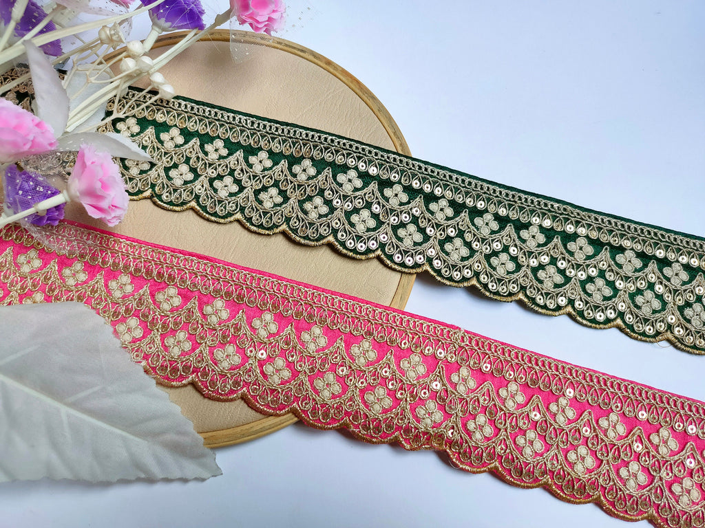 Embroidered Scalloped Lace Trim: Emerald Green & Neon Pink, Indian Sari Border (3 Yards)