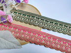 Embroidered Scalloped Lace Trim: Emerald Green & Neon Pink, Indian Sari Border (3 Yards)