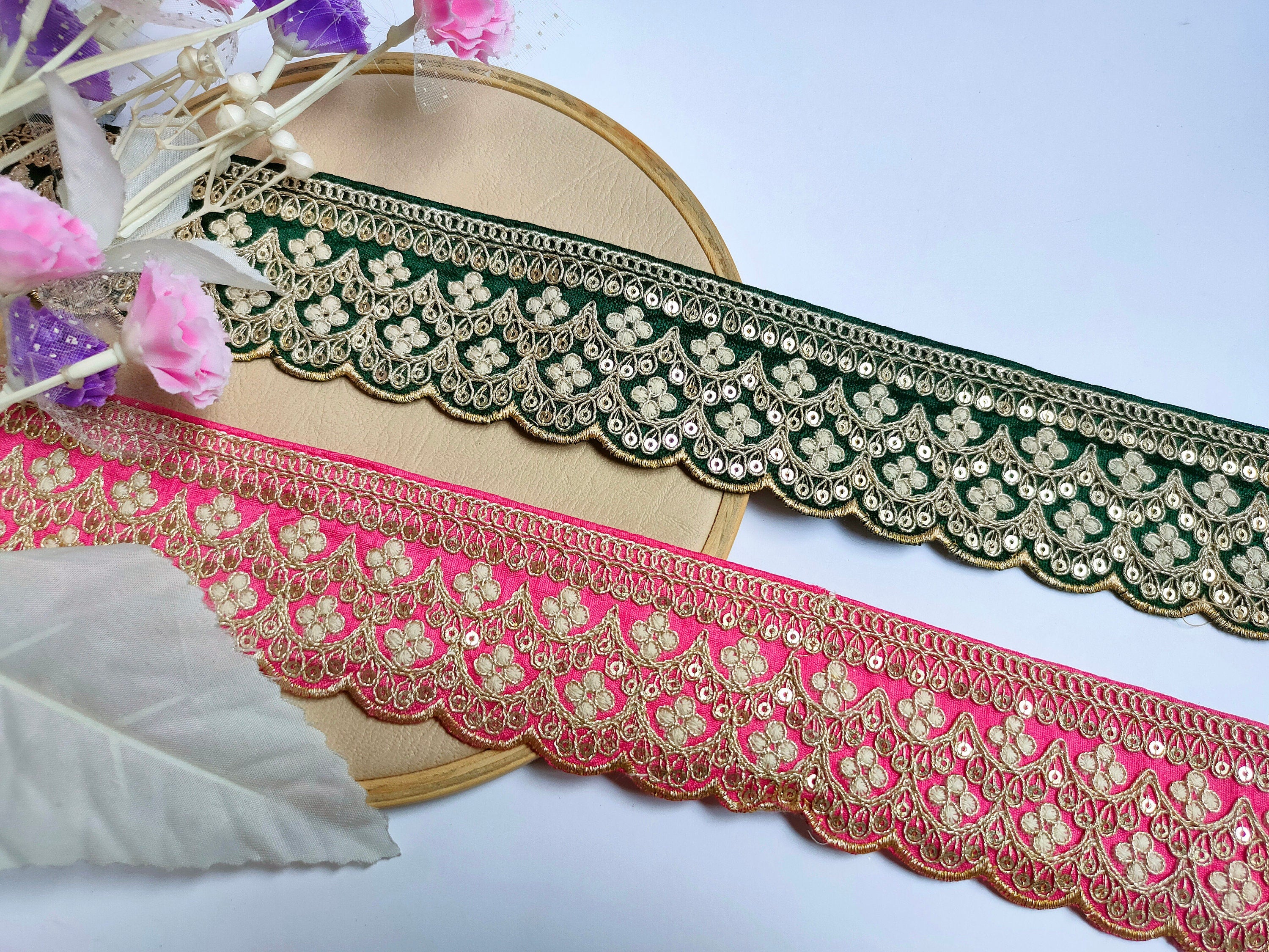 Embroidered Scalloped Lace Trim: Emerald Green & Neon Pink, Indian Sari Border (3 Yards)