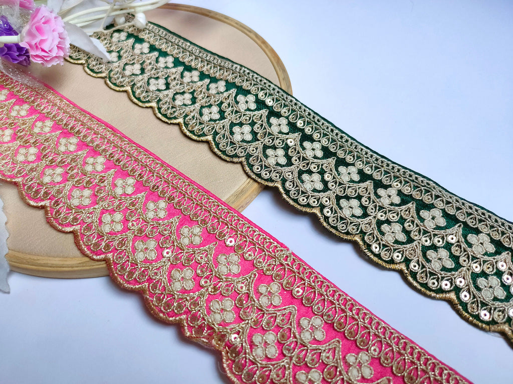 Embroidered Scalloped Lace Trim: Emerald Green & Neon Pink, Indian Sari Border (3 Yards)