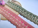 Embroidered Scalloped Lace Trim: Emerald Green & Neon Pink, Indian Sari Border (3 Yards)