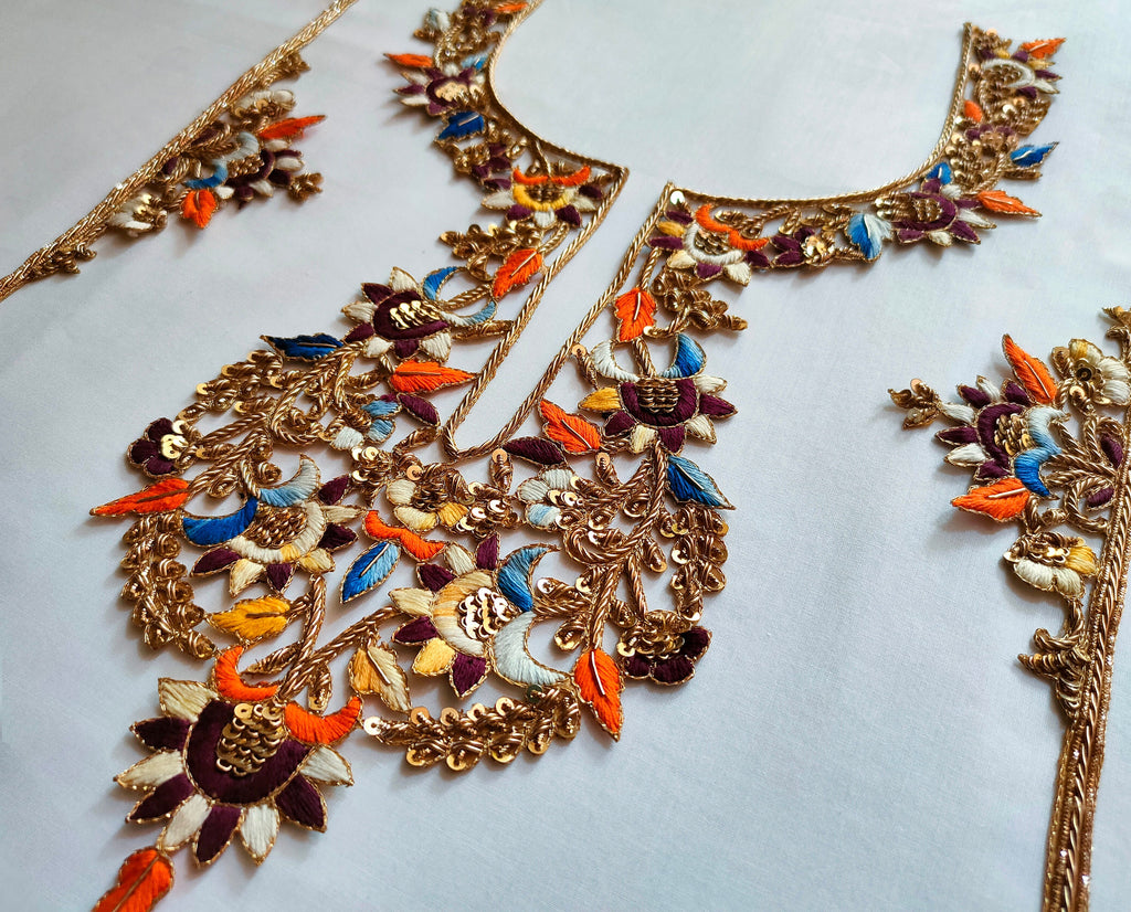 Zardozi Embroidered Neckline Patch with Sleeves: Indian Gala Applique