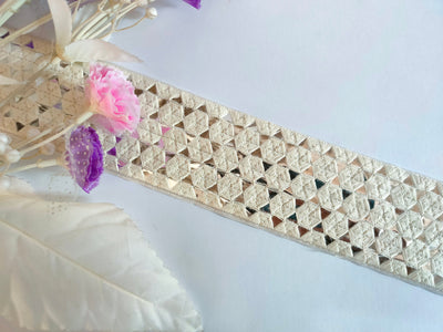 Silver Sequin Lace Trim: Off White Thread, Indian Sari Border (6cm Wide)