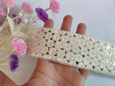 Silver Sequin Lace Trim: Off White Thread, Indian Sari Border (6cm Wide)