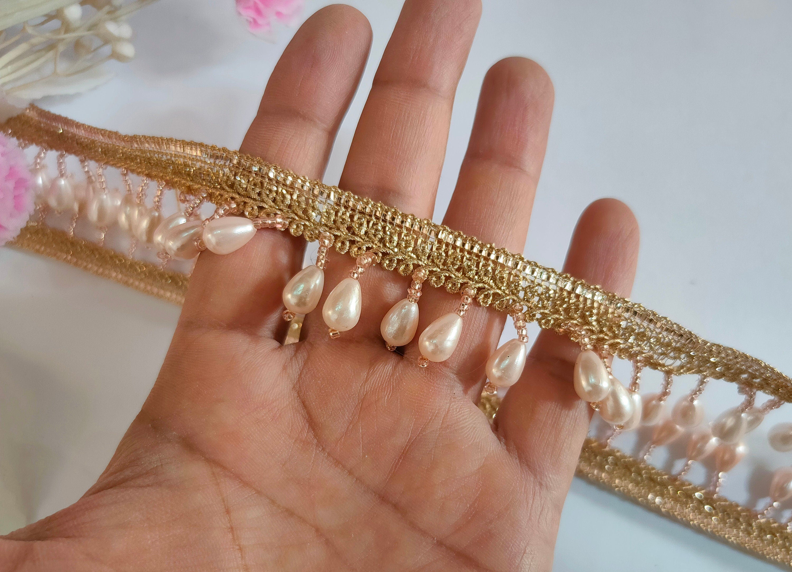 Light Pink Beaded Trim: Rain Drop Tassel, Indian Wedding Dress Lace (8 Yards)