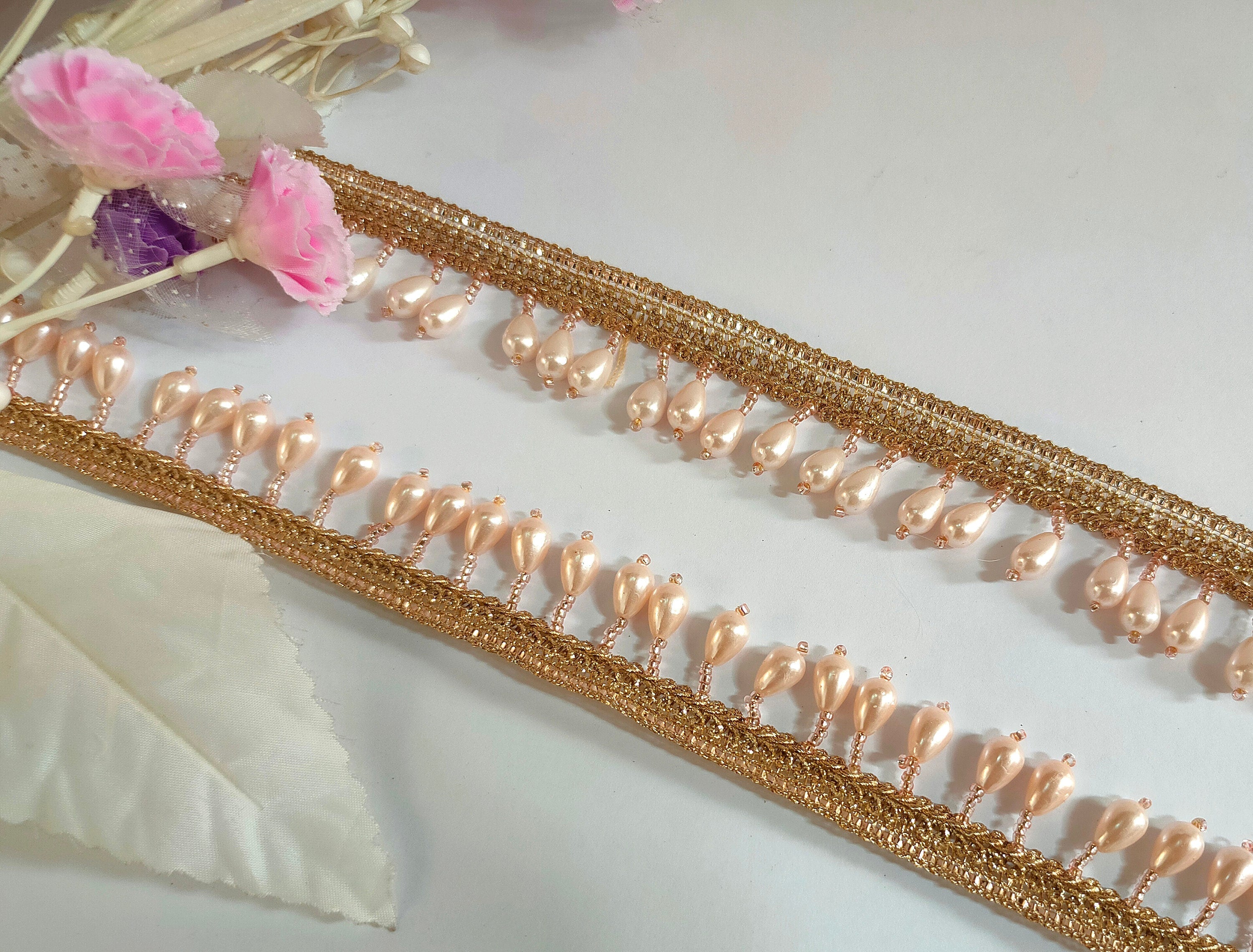 Light Pink Beaded Trim: Rain Drop Tassel, Indian Wedding Dress Lace (8 Yards)