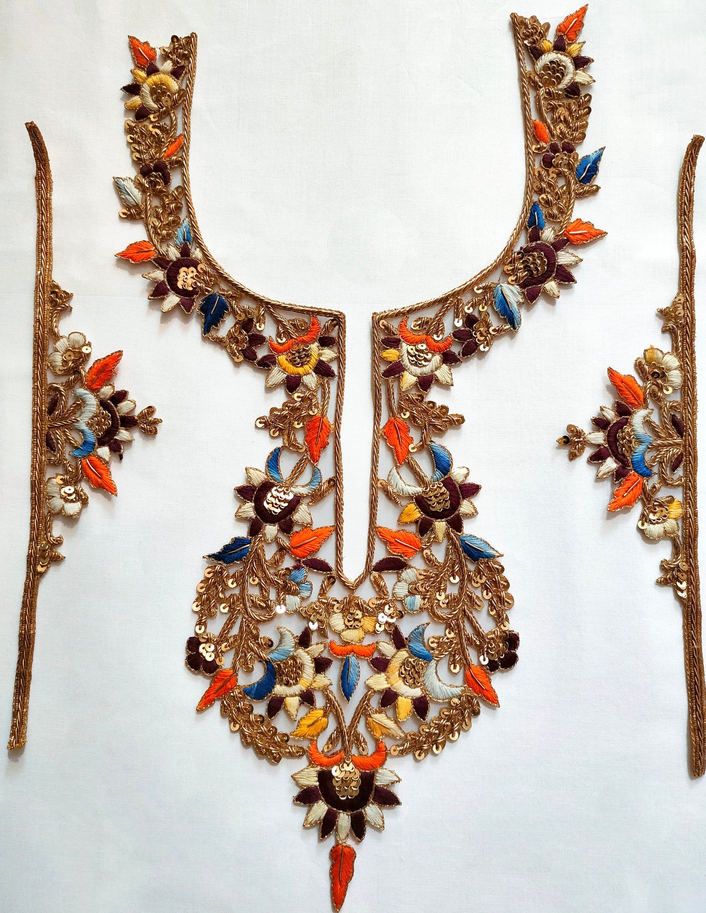 Zardozi Embroidered Neckline Patch with Sleeves: Indian Gala Applique