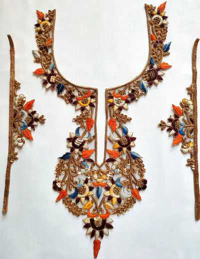 Zardozi Embroidered Neckline Patch with Sleeves: Indian Gala Applique