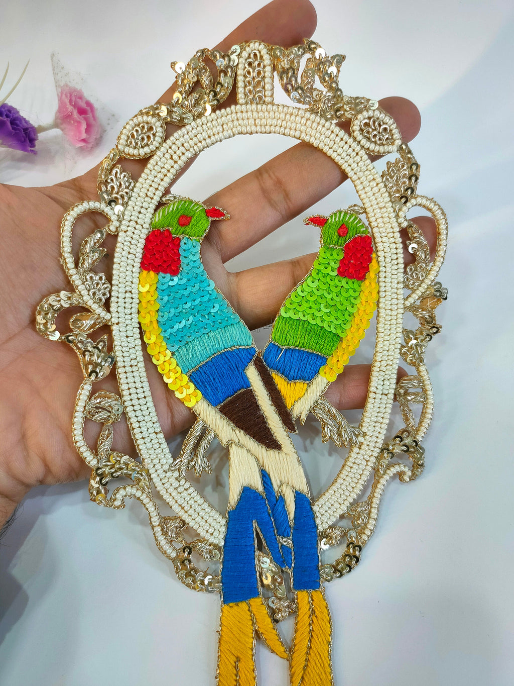 Embroidered Parrot Applique: Sequin Indian Thread Sew On Patch