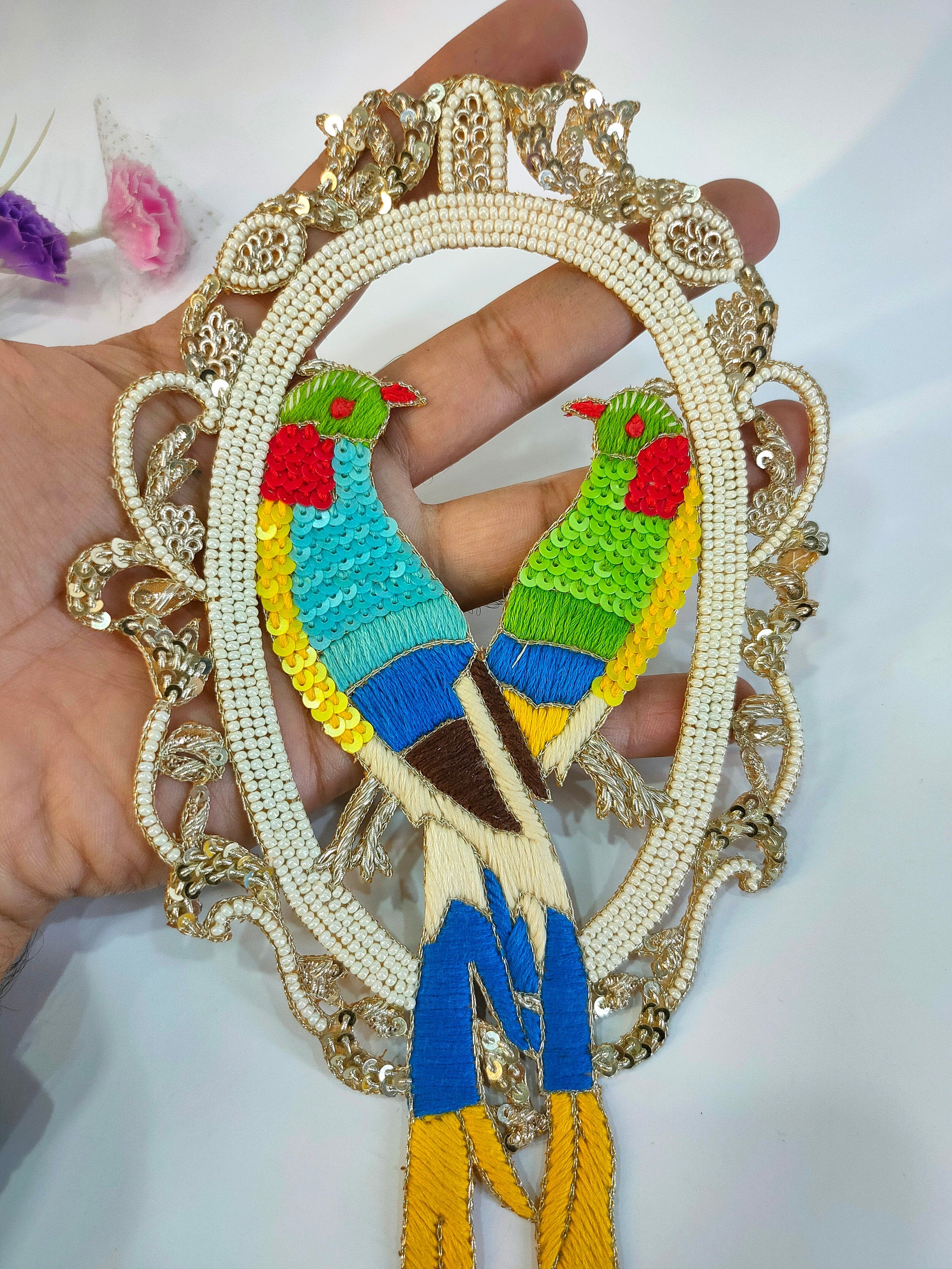 Embroidered Parrot Applique: Sequin Indian Thread Sew On Patch