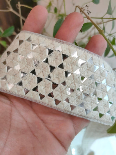 Silver Sequin Lace Trim: Off White Thread, Indian Sari Border (6cm Wide)