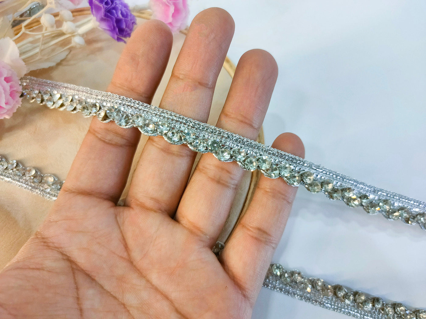 Silver Zircon Stonework Trim Lace: Indian Sari Ribbon, 9 Yards