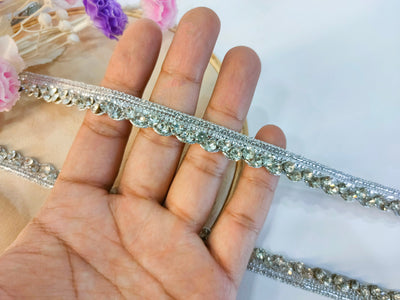 Silver Zircon Stonework Trim Lace: Indian Sari Ribbon, 9 Yards