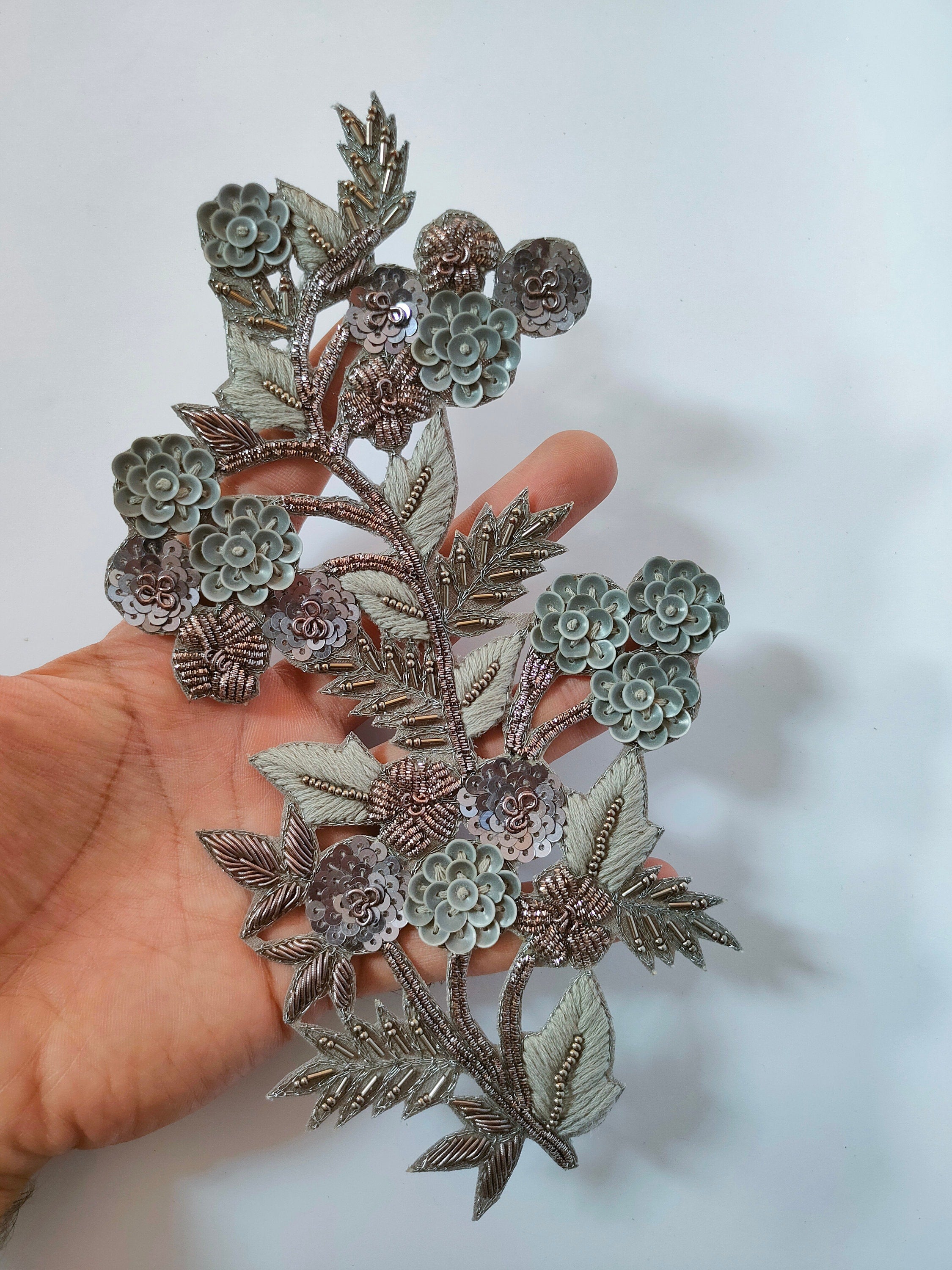 Grey Floral Applique: Embroidered Indian Glass Bead Patch