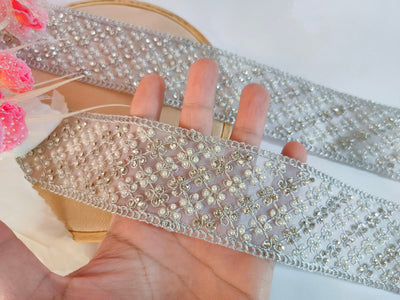 Silver Embroidered Trim Lace: Zircon, Pearl, Zari Sari Border - 5cm Wide