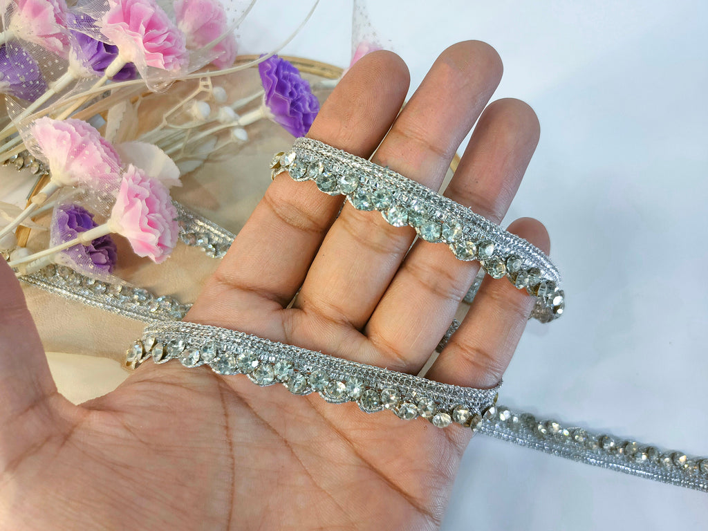 Silver Zircon Stonework Trim Lace: Indian Sari Ribbon, 9 Yards
