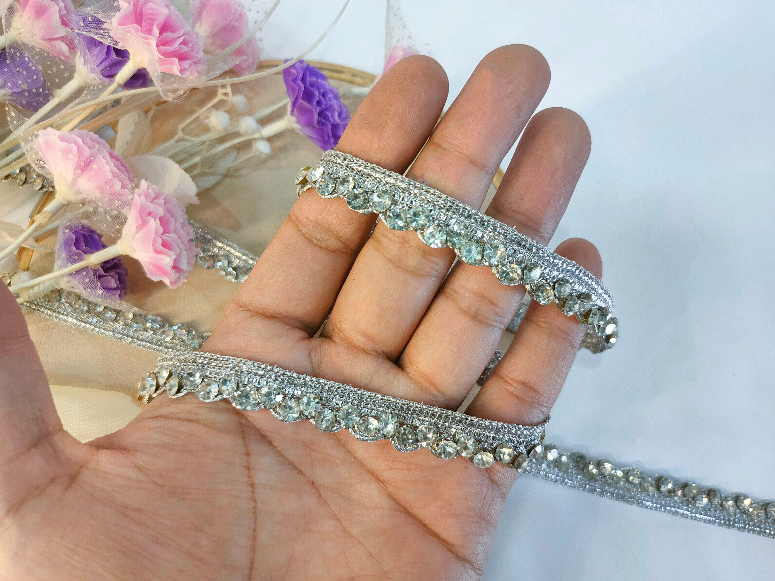 Silver Zircon Stonework Trim Lace: Indian Sari Ribbon, 9 Yards