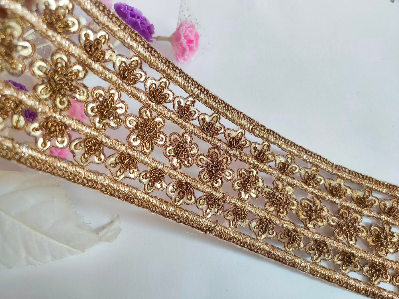 Antique Brown Zardozi Cutwork Indian Embroidered Trim - 1 Yard