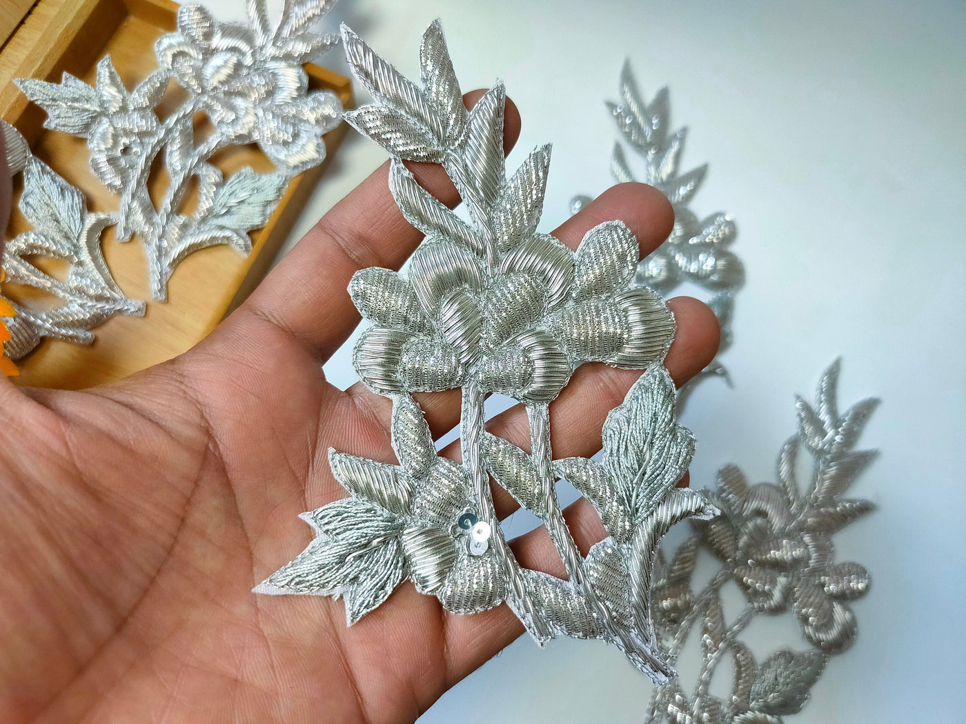 Set of 5- Metallic Silver Zardozi & Sew On Embroidered Patch