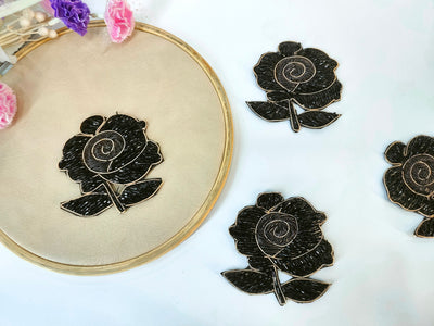 Set of 4 - Black Rose Floral Cutdana Glass Beads Applique Patch