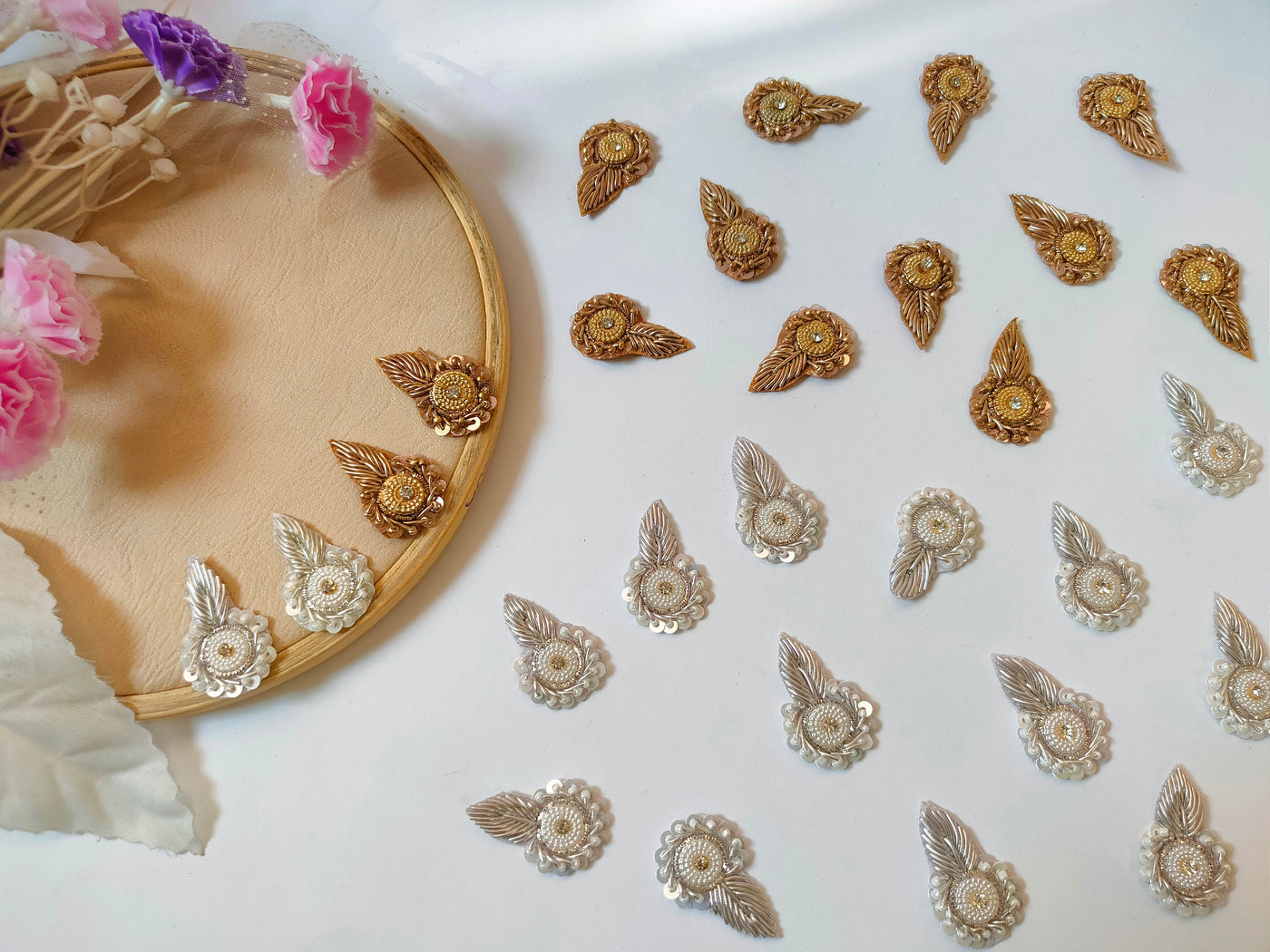 25 Pc - Silver/ Gold Zardozi Embroidered Applique Patches, Indian Decorative Sewing Patch