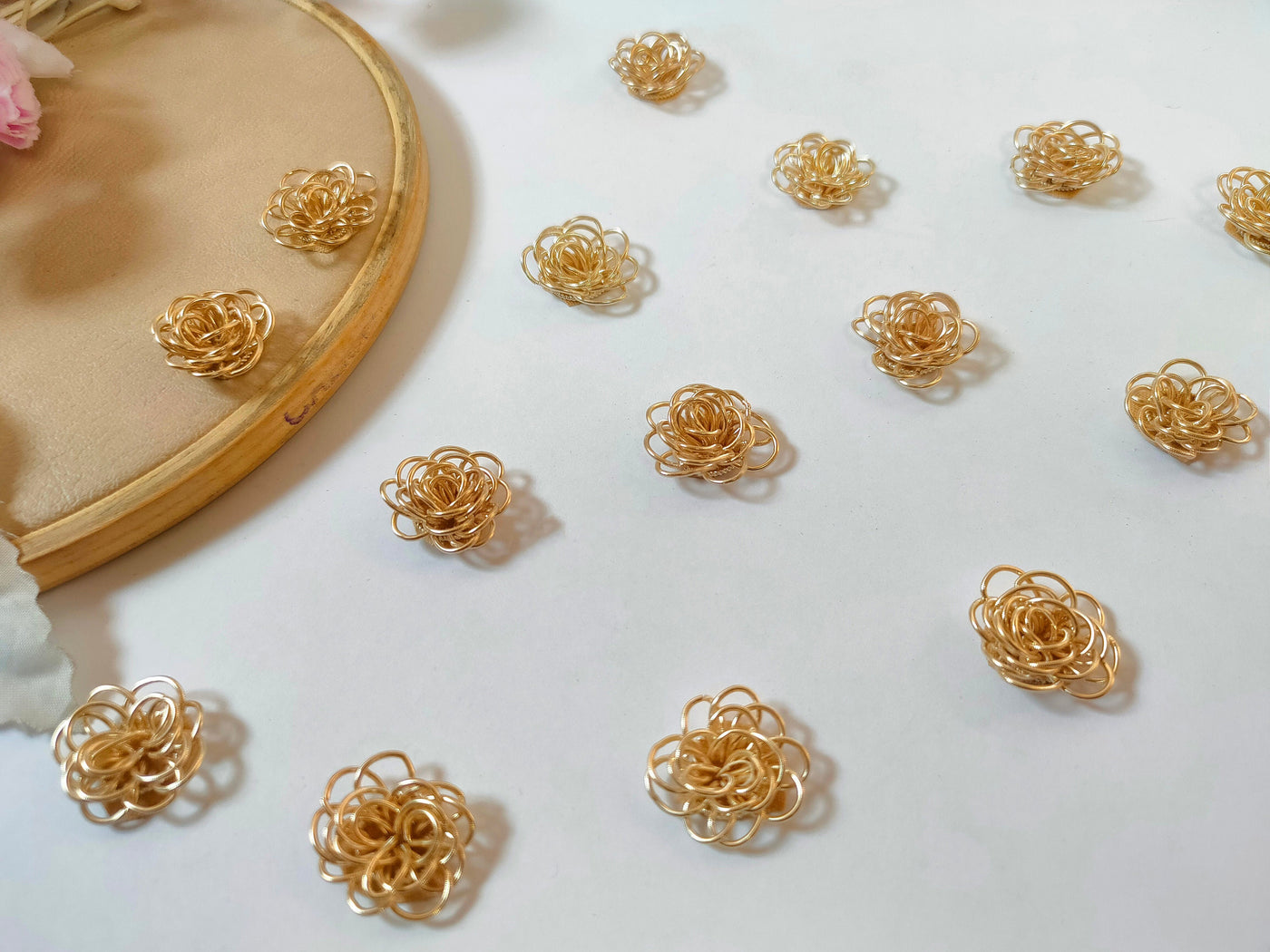 25 Golden Zardozi Flower Applique Patches - Metallic Wire [18mm]