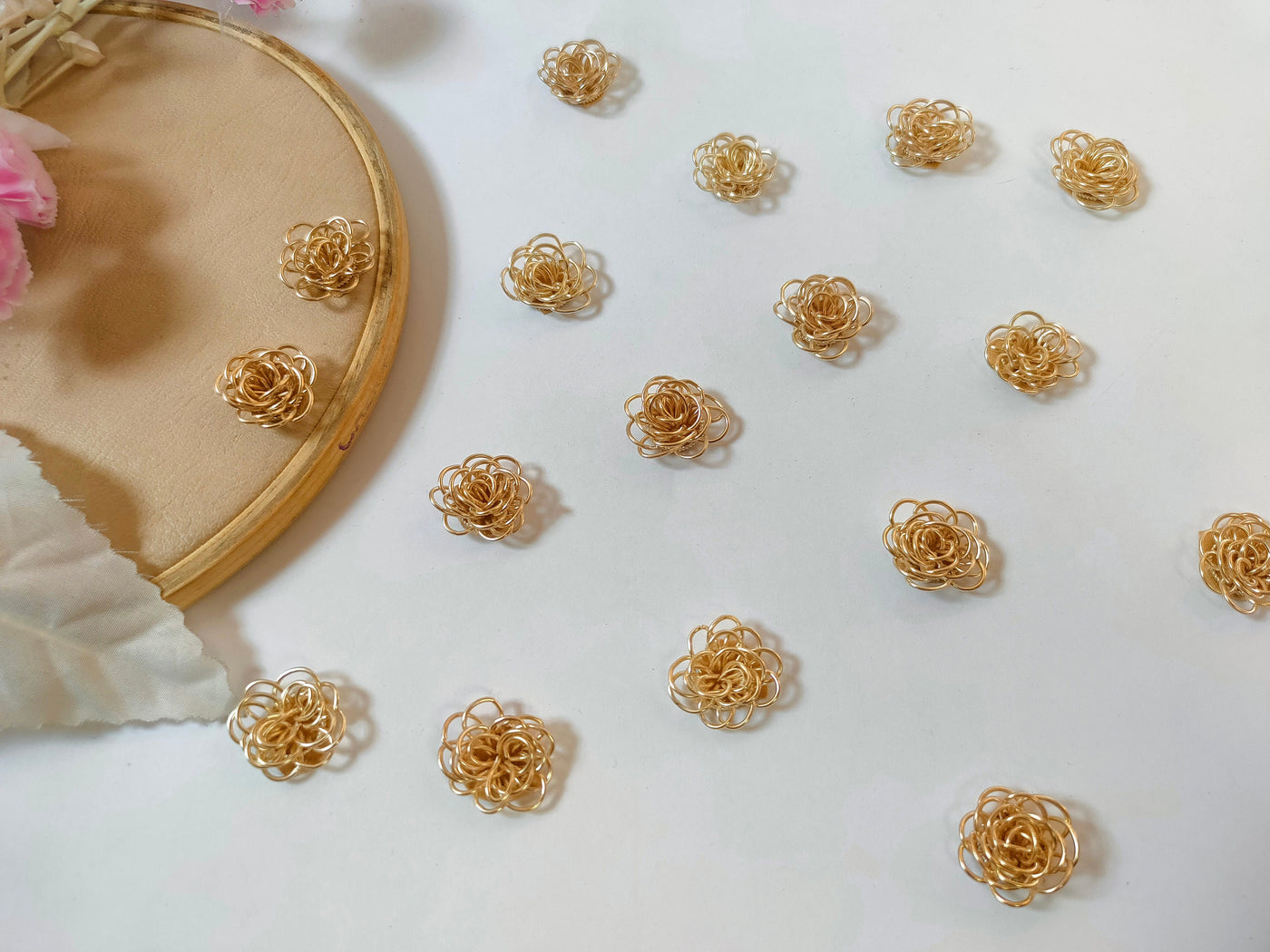 25 Golden Zardozi Flower Applique Patches - Metallic Wire [18mm]