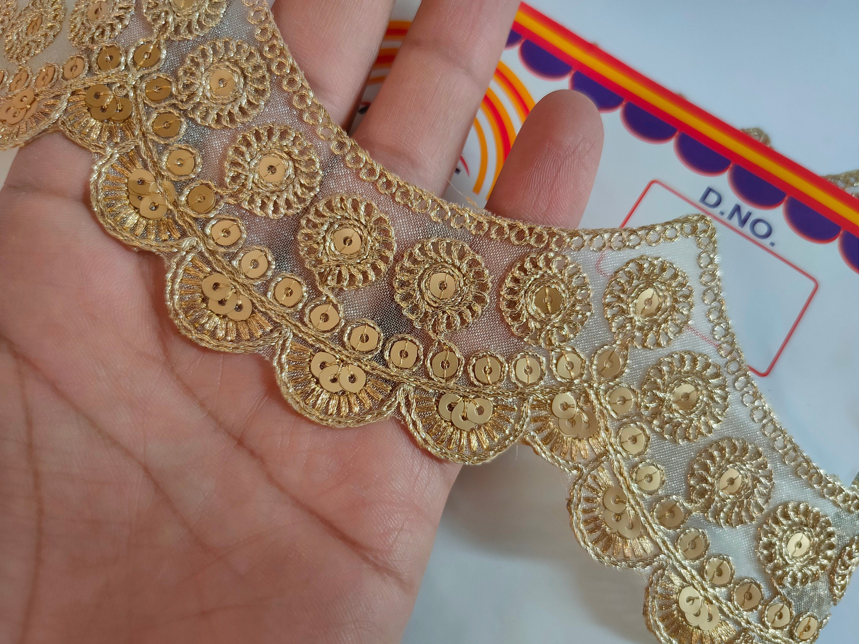 Golden Scalloped Sequin Zari Trim: Indian Sari Lace - 9 Yards