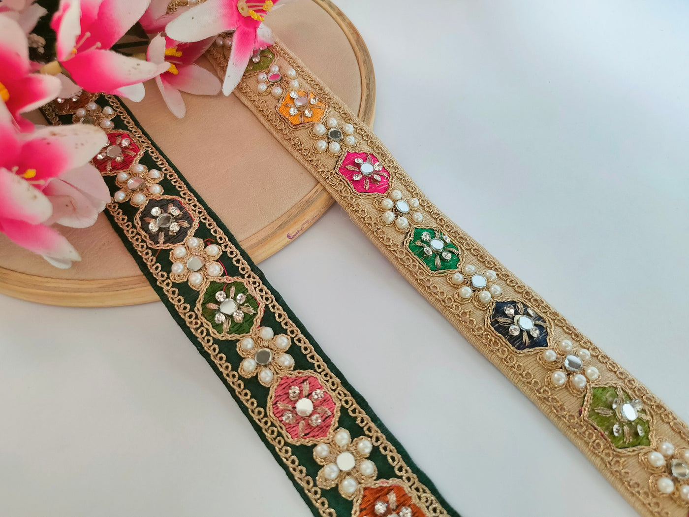 3 Yards Indian Saree Border Lace: Rama Green, Gold, Pearl & Mirror Trim