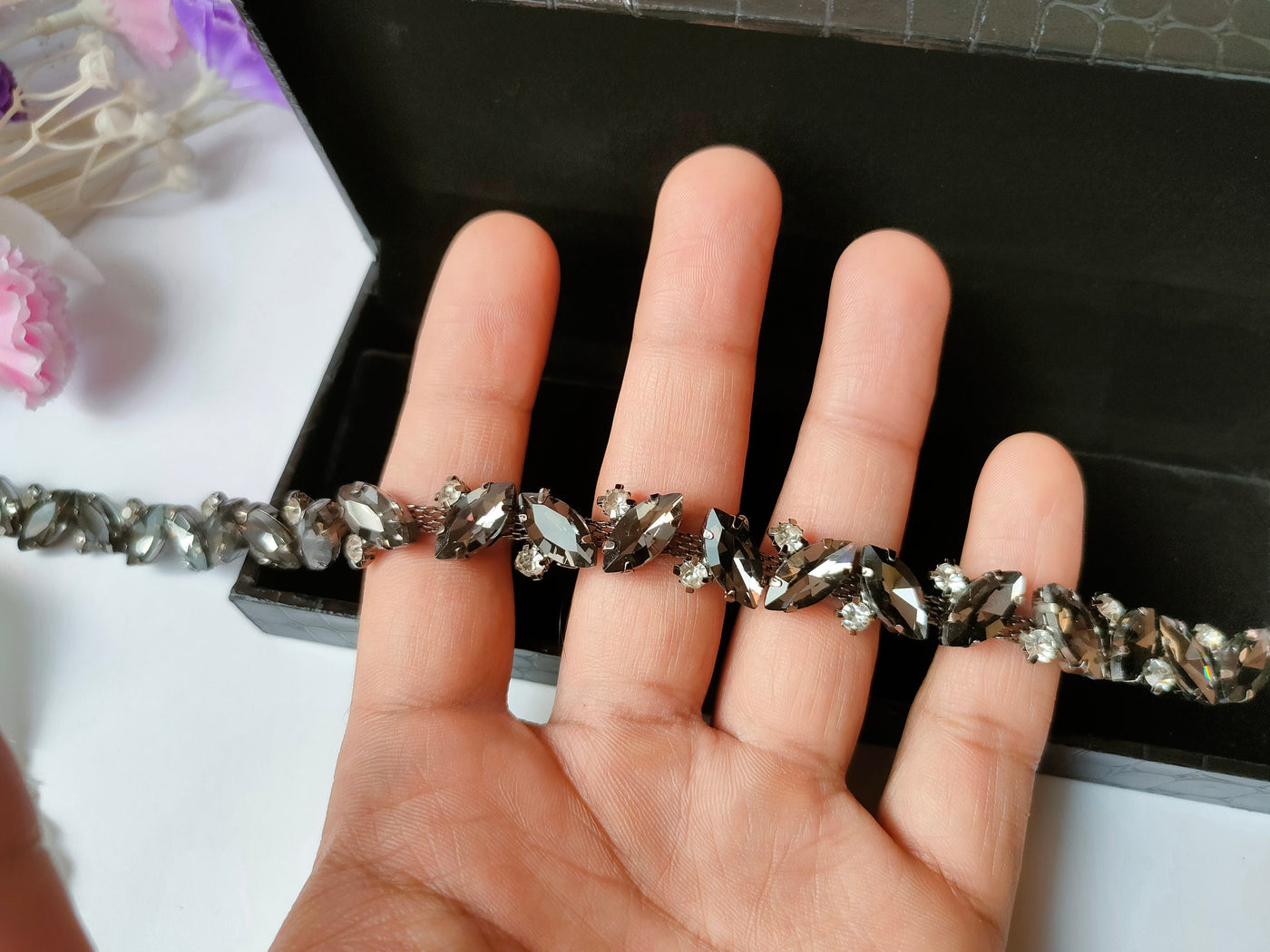 Graphite Black Luxury Rhinestone Narrow Stonework Trim - 1 Yard