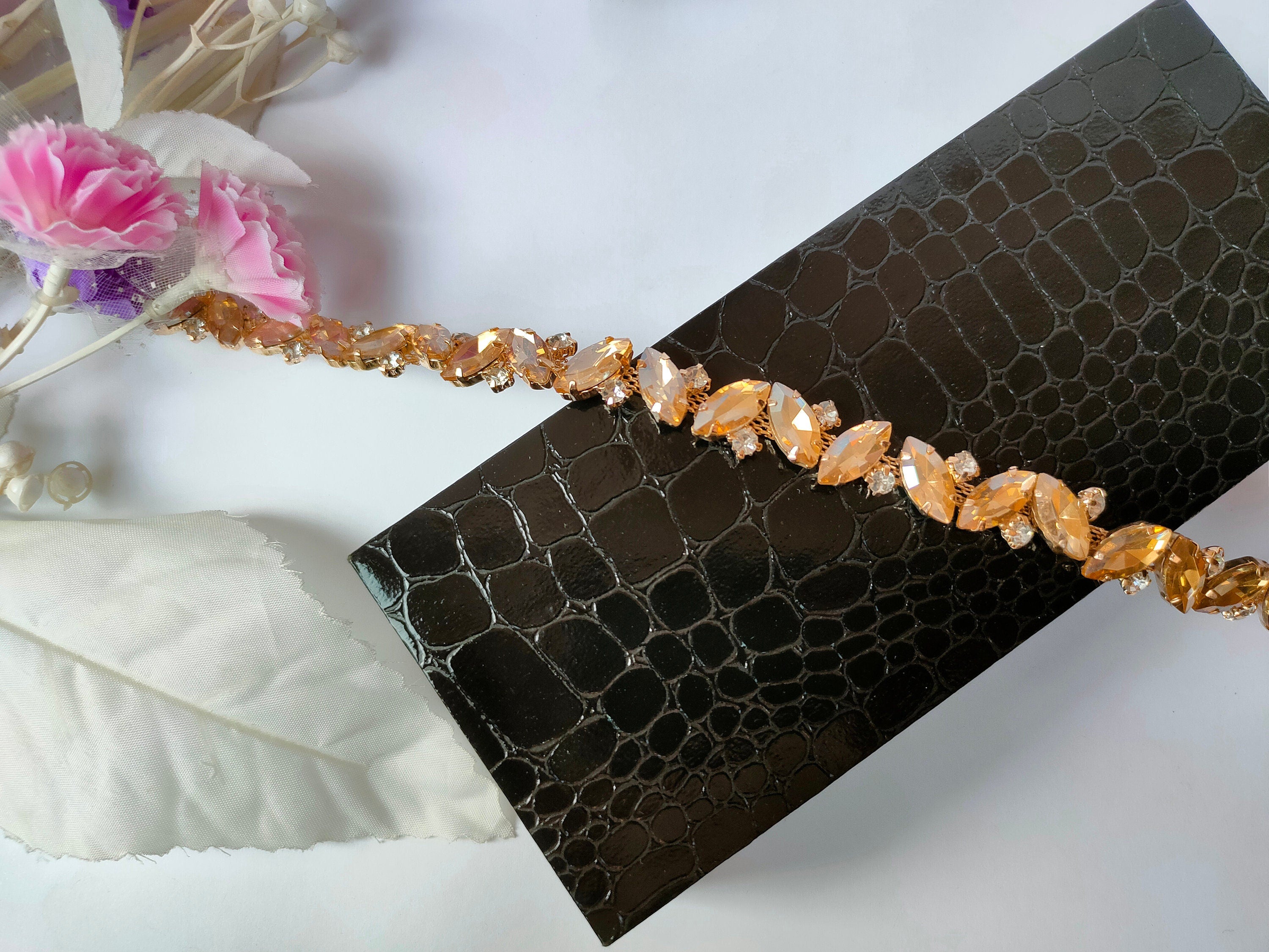 Champagne Gold Rhinestone Trim: Indian Zircon Stonework Lace (1 Yard)