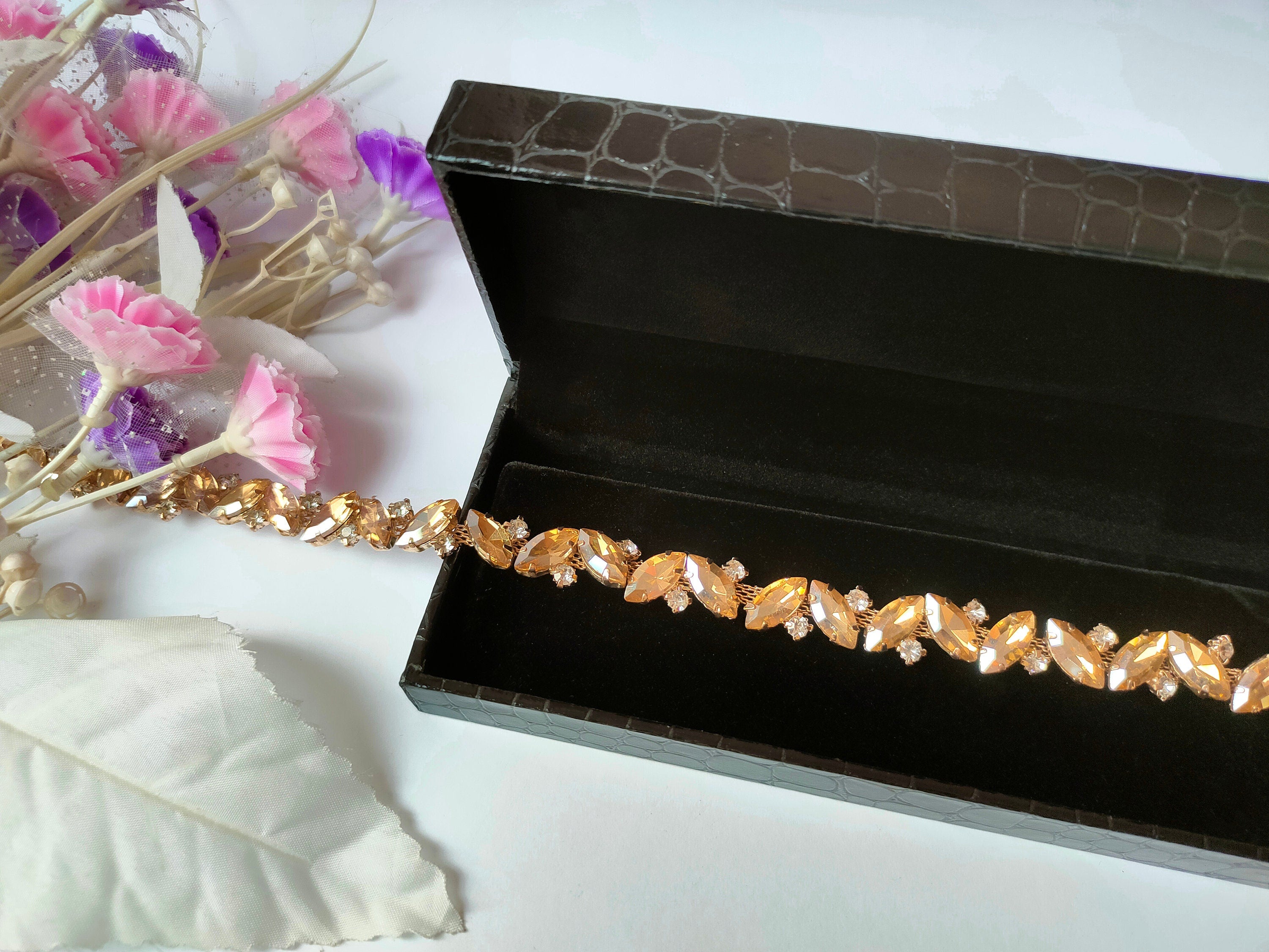 Champagne Gold Rhinestone Trim: Indian Zircon Stonework Lace (1 Yard)