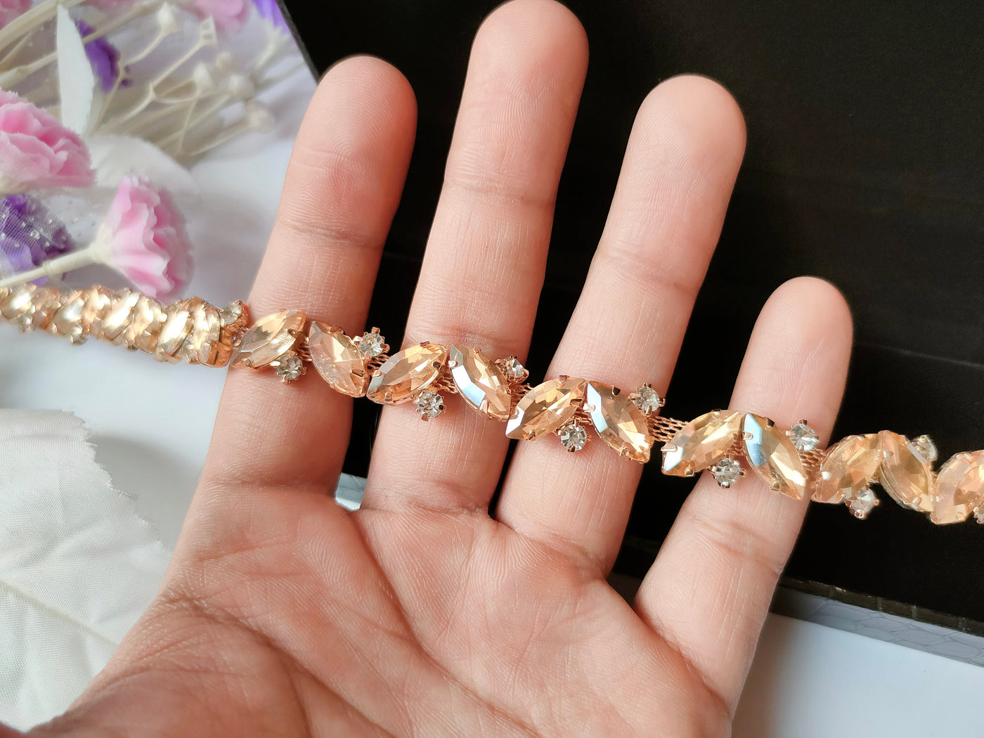 Champagne Gold Luxury Rhinestone Narrow Stonework Trim - 1 Yard