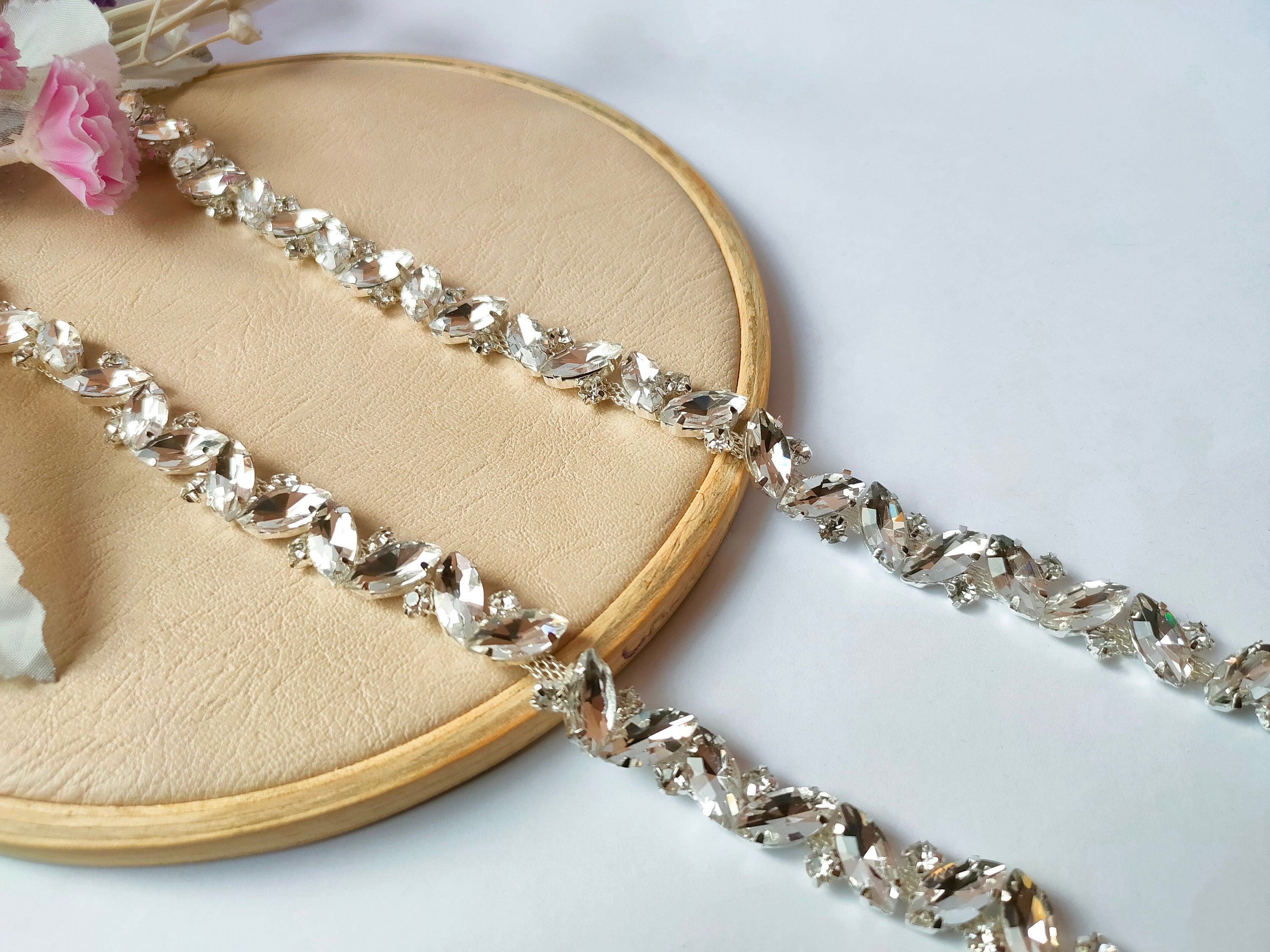 Crystal Rhinestone Trim: Silver Zircon Stonework Lace, 1 Yard