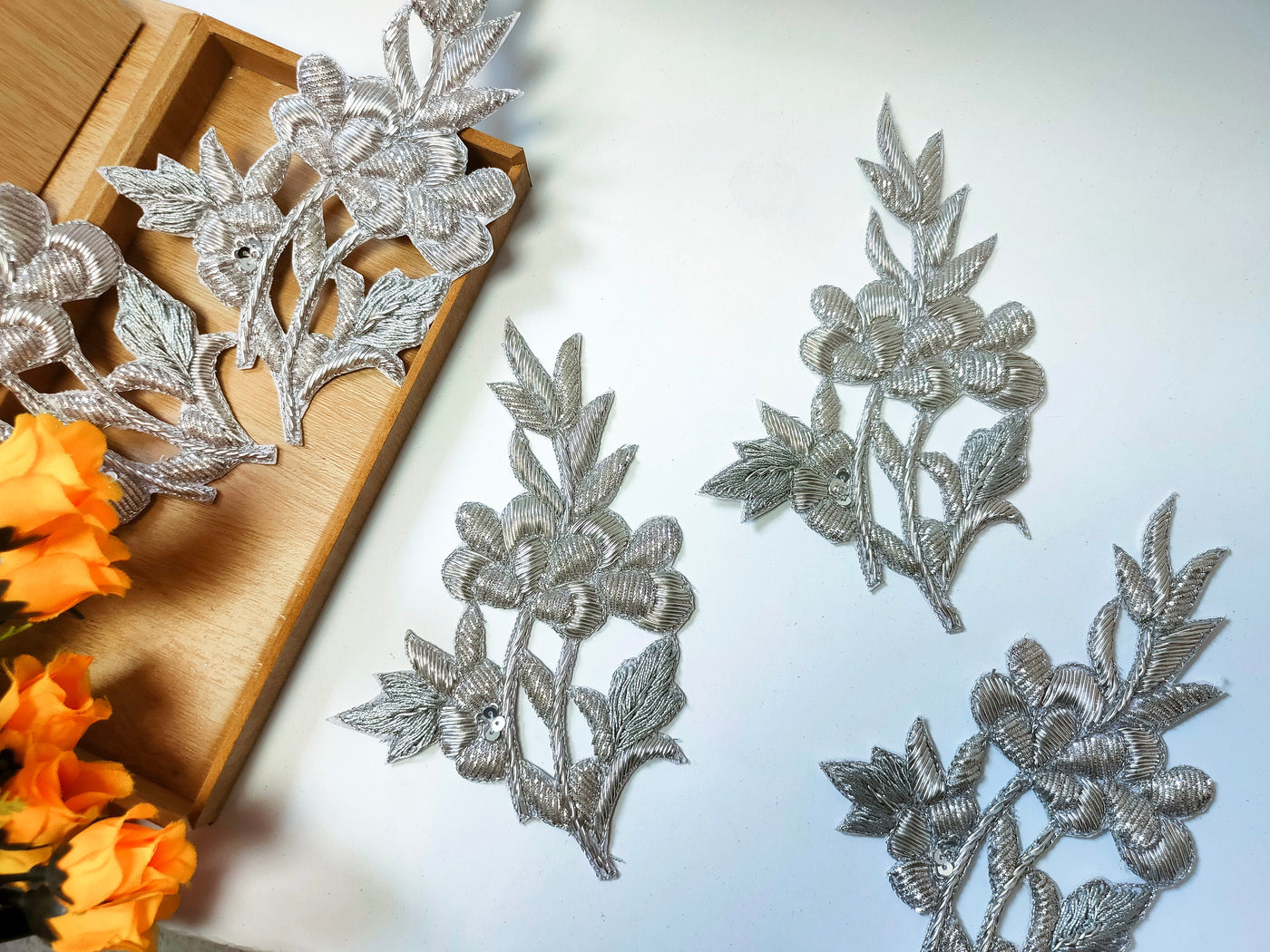 Set of 5- Metallic Silver Zardozi & Sew On Embroidered Patch