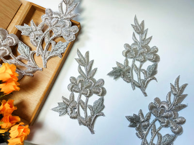 Set of 5- Metallic Silver Zardozi & Sew On Embroidered Patch