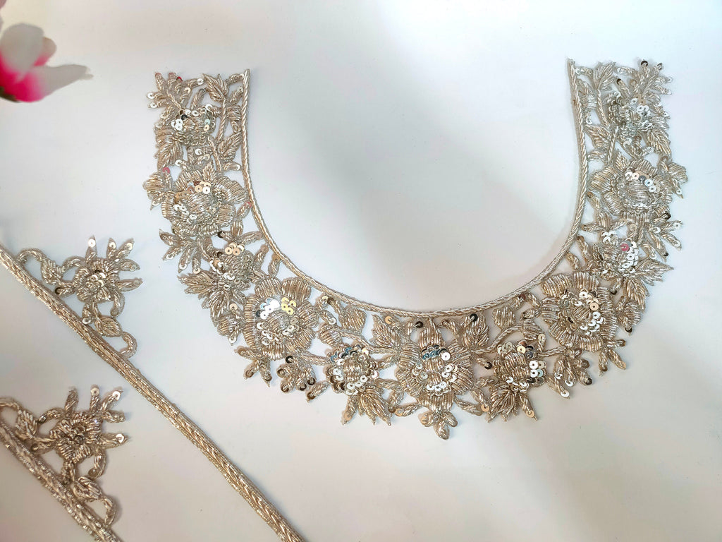 Silver Embroidered Applique: Handcrafted Indian Neckline Patch