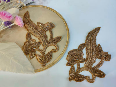 Set of 2- Metallic Gold/ Silver Beads Embroidered Sew -On Patch