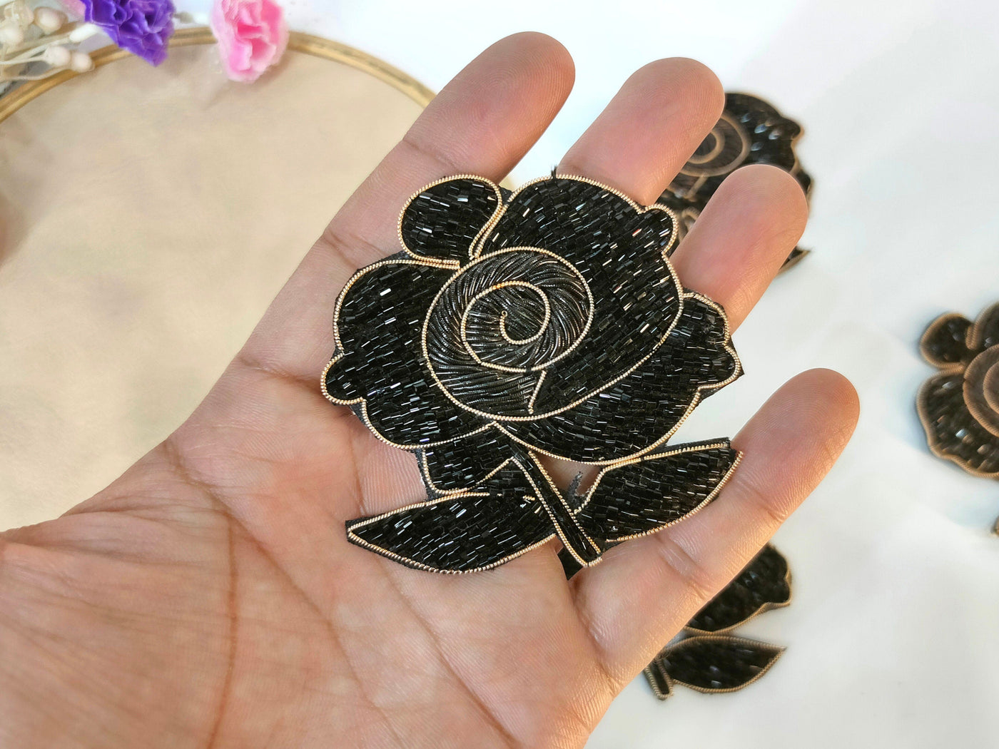 Set of 4 - Black Rose Floral Cutdana Glass Beads Applique Patch