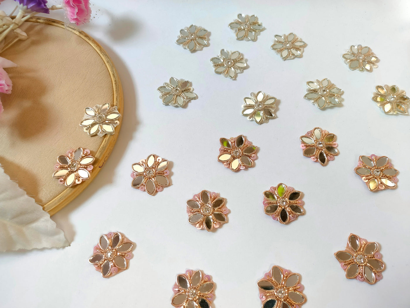 Zardozi Embroidered Flower Applique Patches: Silver & Rose Gold Mirror, Indian Sewing Embellishments (25 Pc)