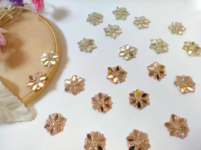 Zardozi Embroidered Flower Applique Patches: Silver & Rose Gold Mirror, Indian Sewing Embellishments (25 Pc)